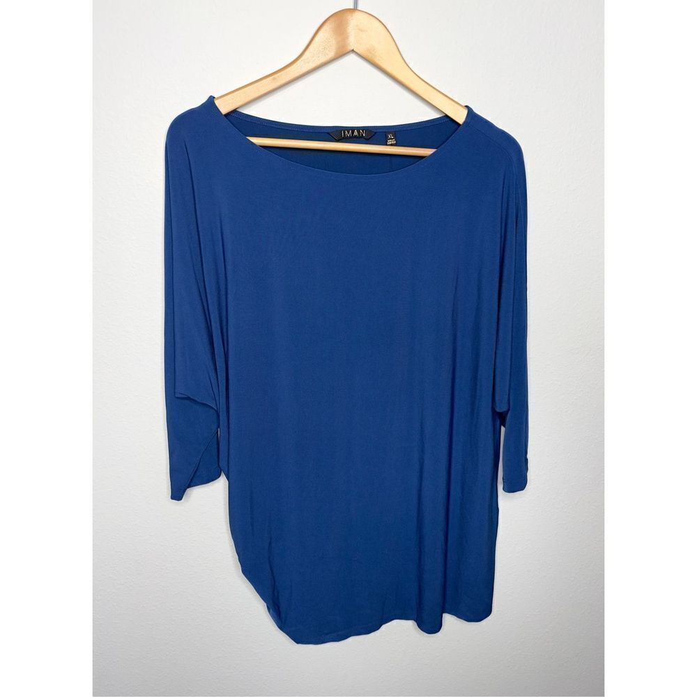 IMAN Womens Ruched Side Top Blouse 3/4 Sleeve Stretch Round Neck Blue Size XL